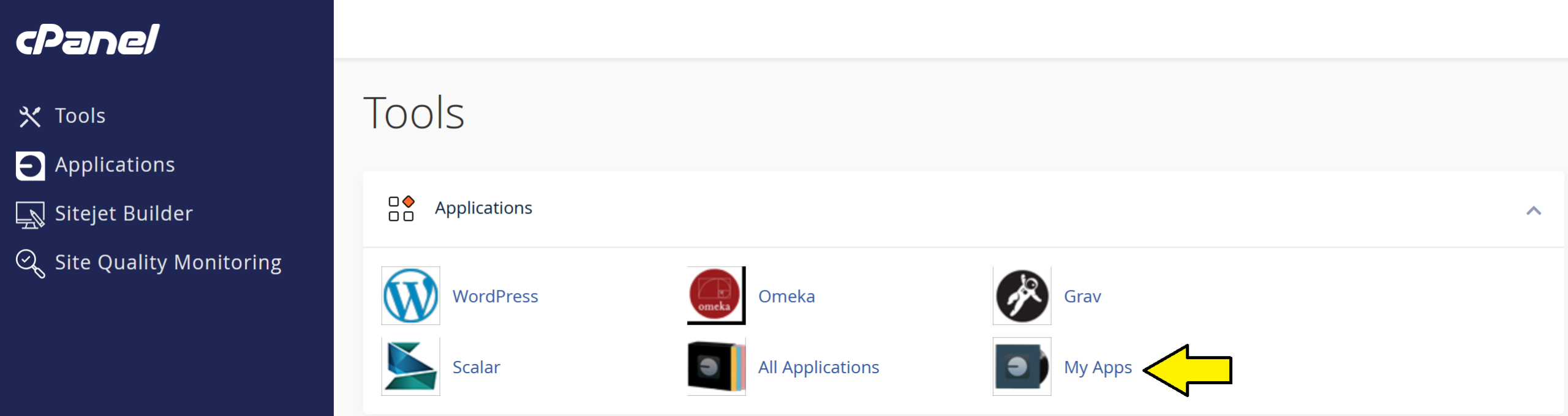 screenshot of Applications section of cPanel with arrow pointed at My Apps icon