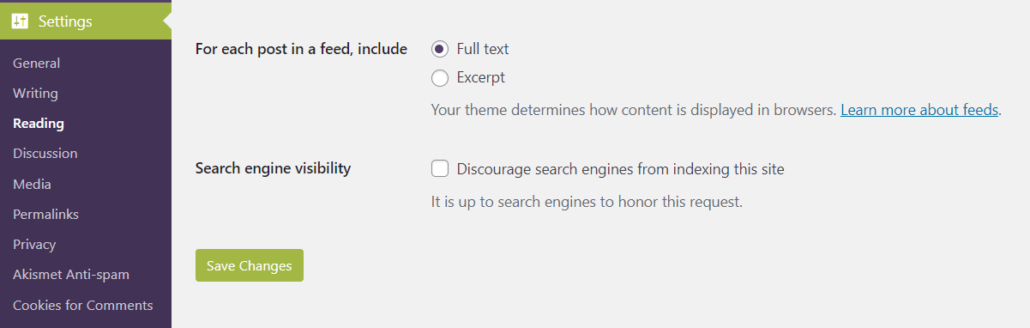 A screenshot of search engine visibility settings in the UMW Blogs dashboard located on the bottom of the Reading Settings section.