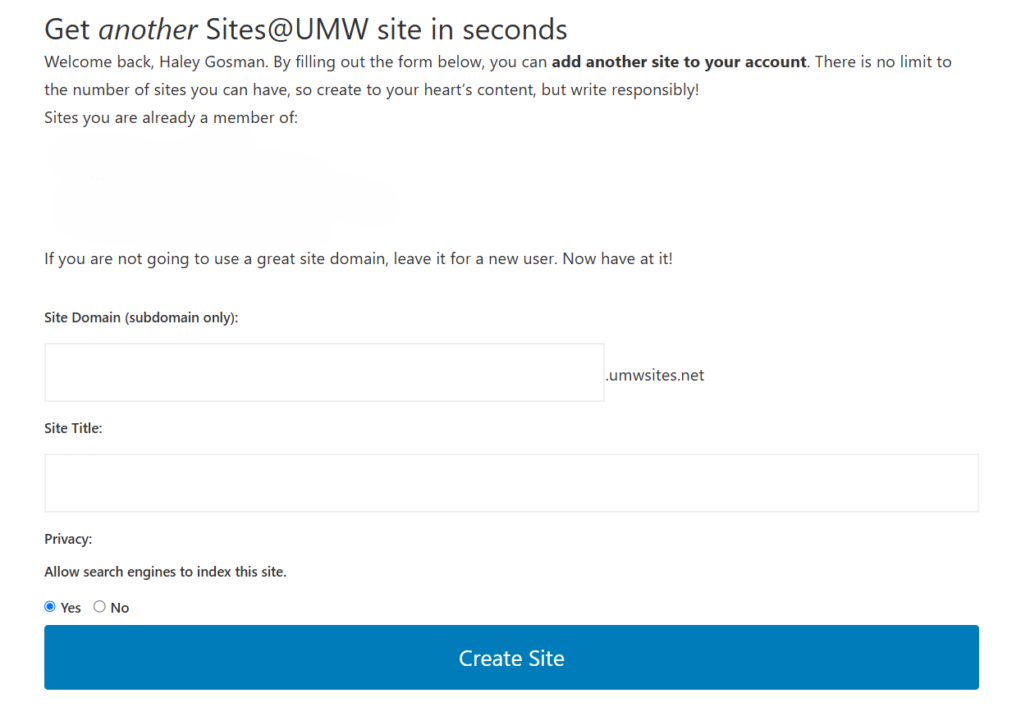 A screenshot of the subsite creation page with textboxes for the site domain and site title, as well as question boxes for whether search engines can find the site.