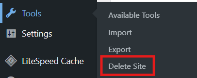 Sites@UMW dashboard on the Tools tab with the Delete Site button outlined in red
