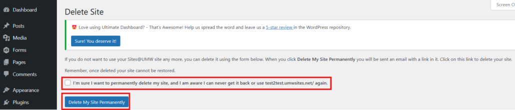 Sites@UMW Delete site page with the checkbox confirmation paragraph and the "delete my site permanently" button outlined in red