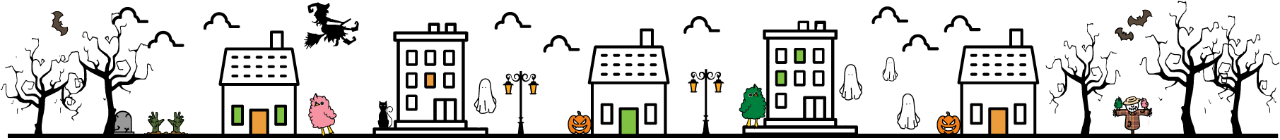 graphic with house and apartment icons in a halloween setting
